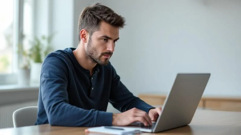 Mann am Schreibtisch in Cottbus arbeitet konzentriert an einer Online-Weiterbildung